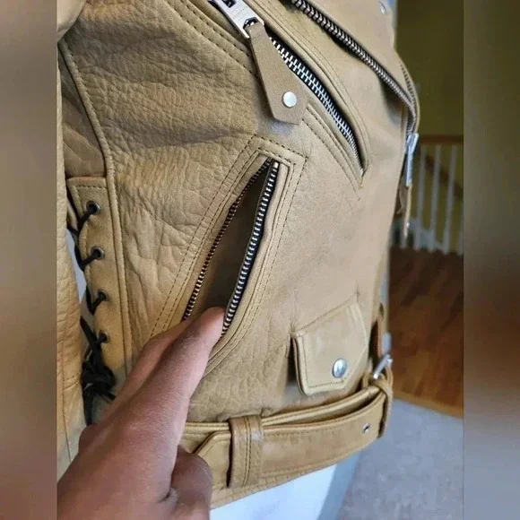 ALLSAINTS (RARE) Sarana Lace Up Moto Zip BuckleBrown Biker Leather Jacket(4) - Picture 9 of 14